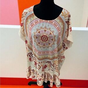 Umgee Floral Print Blouse - Red, Orange, Cream